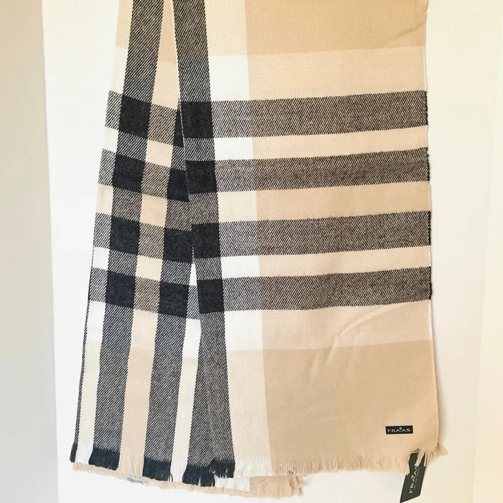 Fraas Plaid Tartan Cashmink Throw Blanket Beige Large Fringe Woven